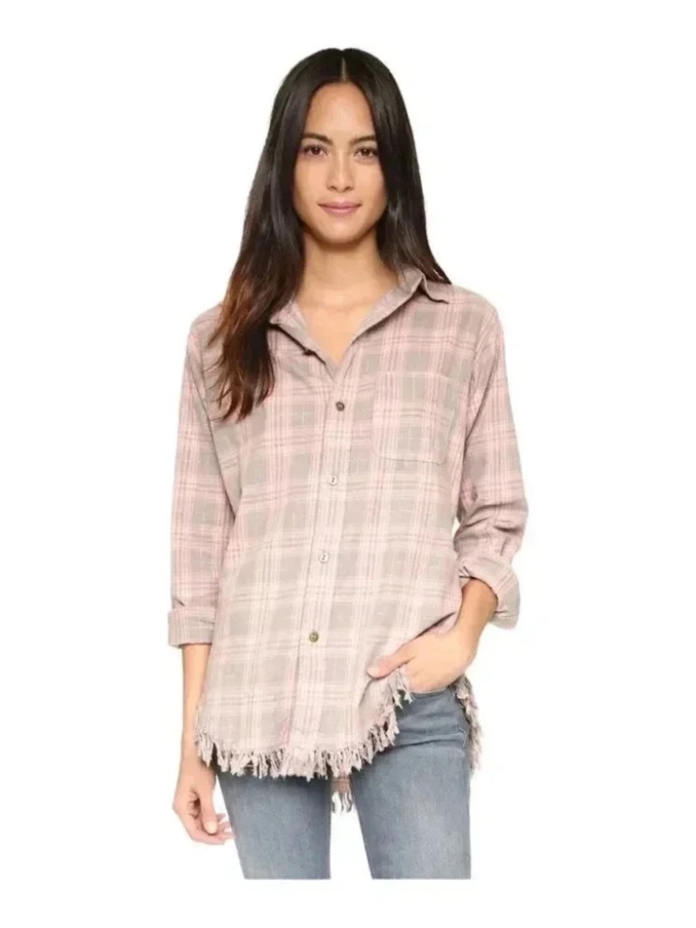 Current/Elliott The Prep School Fray Pink Tinsel Plaid Button Down Shirt